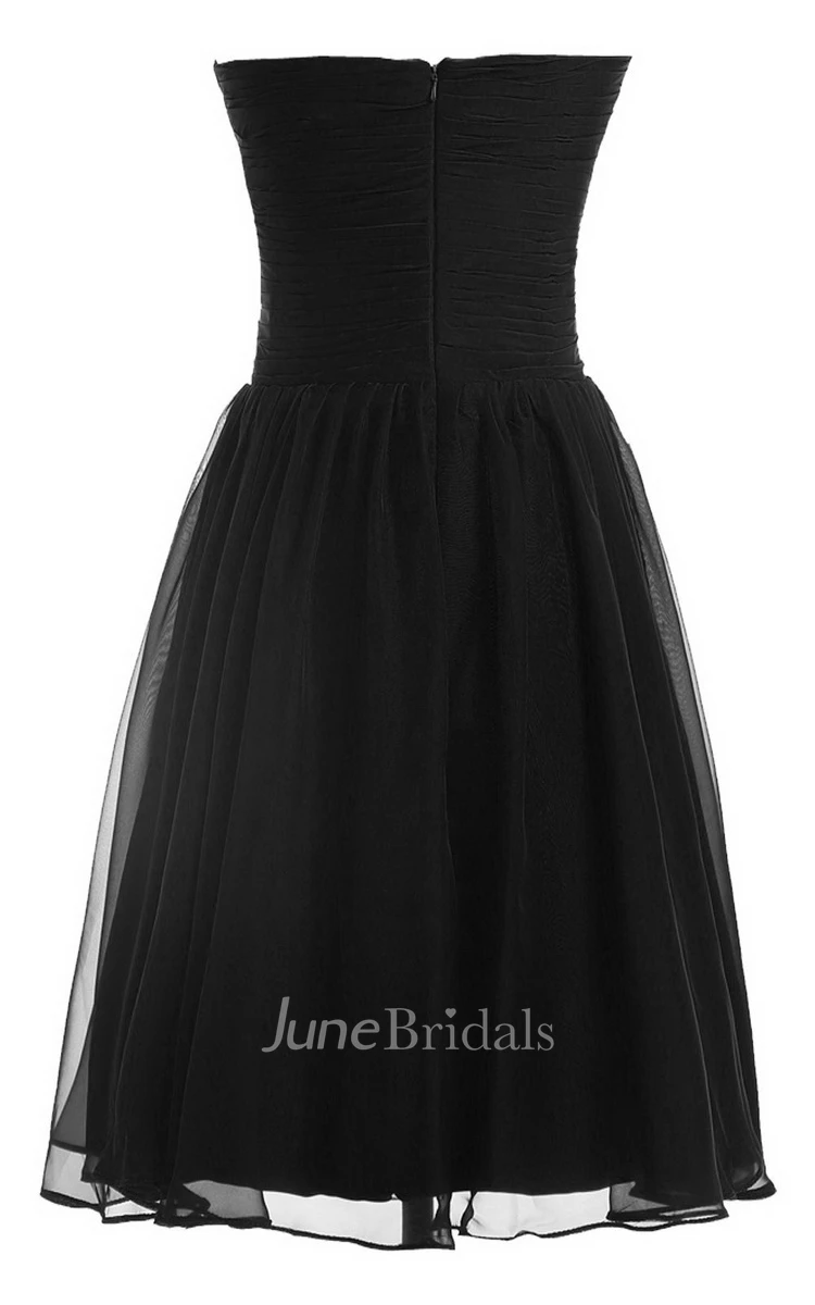 Strapless Pleat and Ruched A-line Dress With Leaf Print