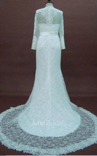 Long Sleeve Lace Satin Weddig Dress With Bow Appliques