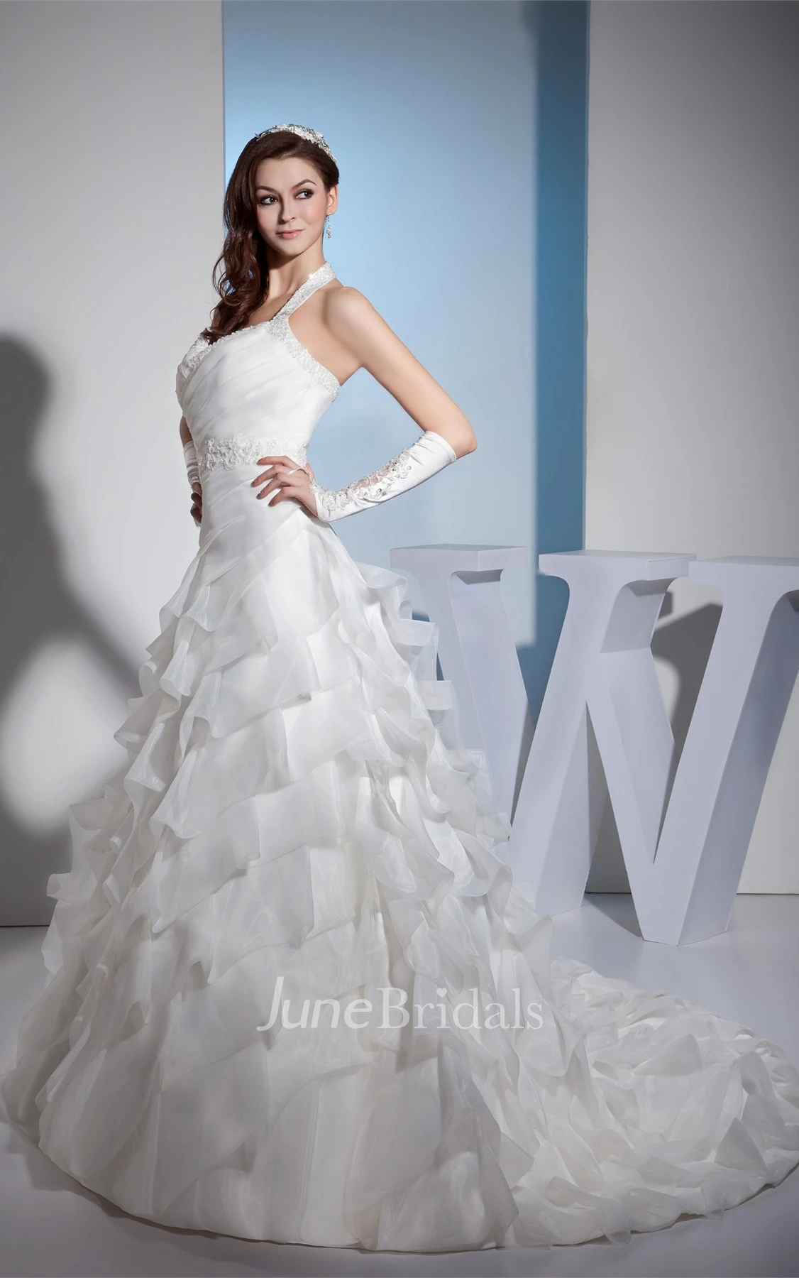 Ruched Sweetheart Tiered Ball Gown with Appliques and Beaded Halter