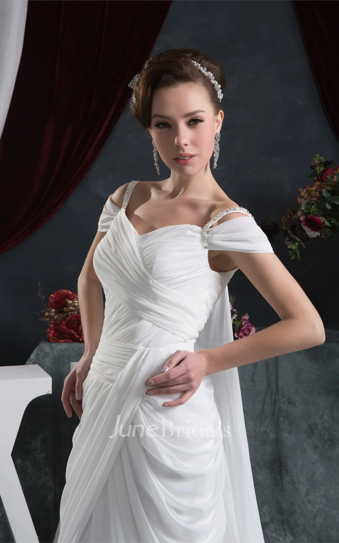 Chiffon Criss-Cross Maxi Dress with Draping and Sweep Train