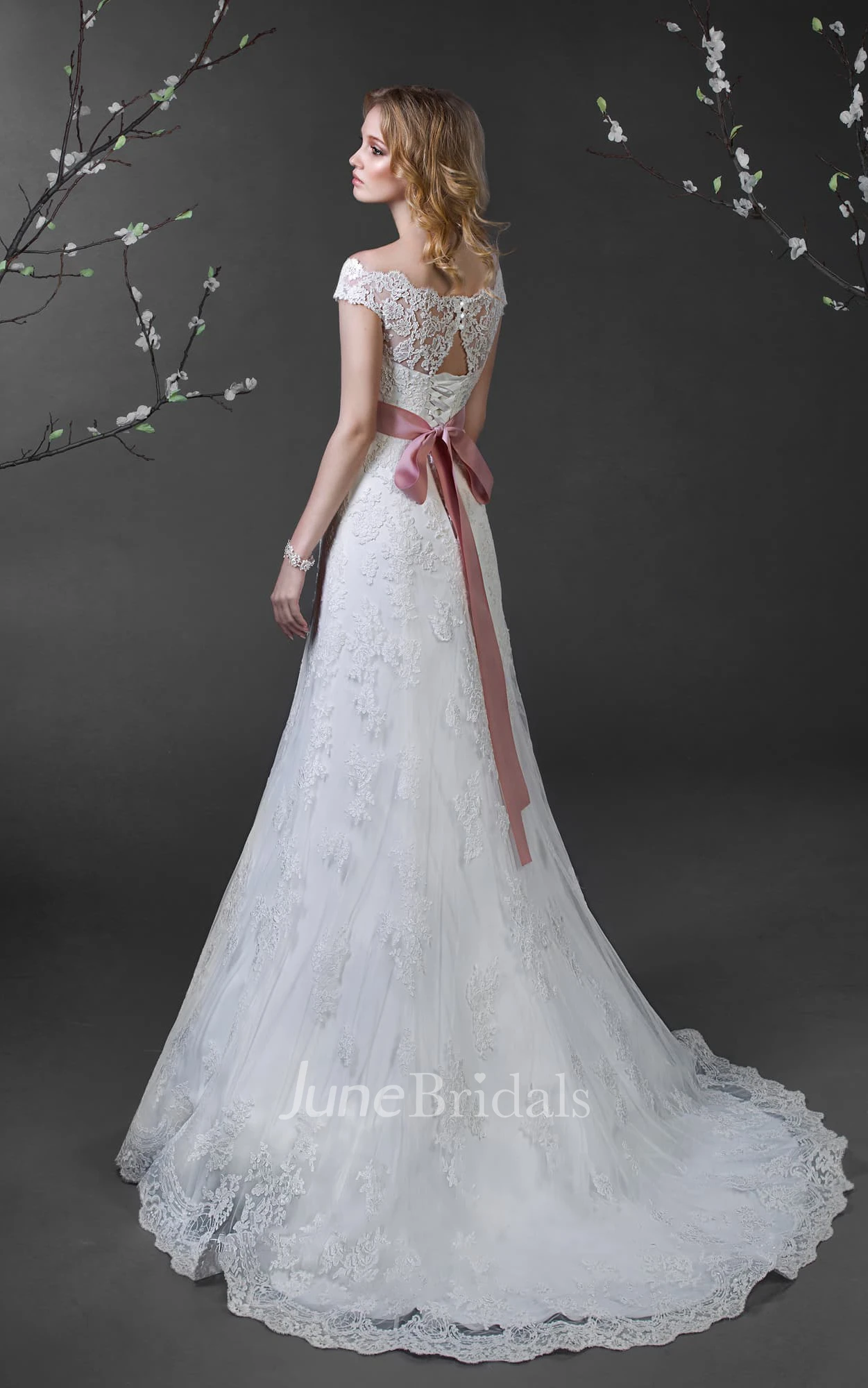 A-Line Floor-Length Off-The-Shoulder Cap-Sleeve Illusion Lace Dress With Appliques And Waist Jewellery
