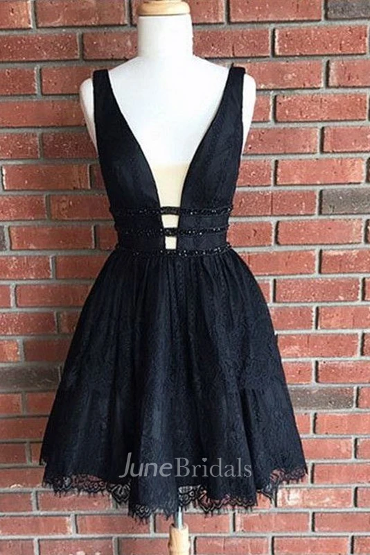 A-line Plunging Neckline Sleeveless Beading Tiers Short Mini Lace Homecoming Dress