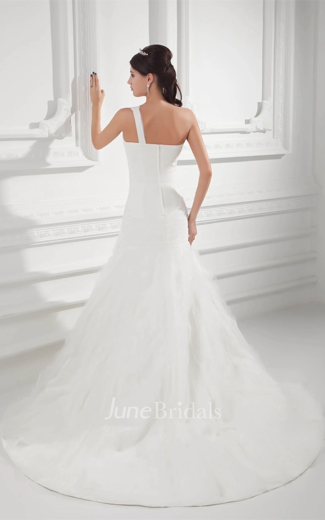 Asymmetrical Ruched A-Line Gown with Draping and Single Strap