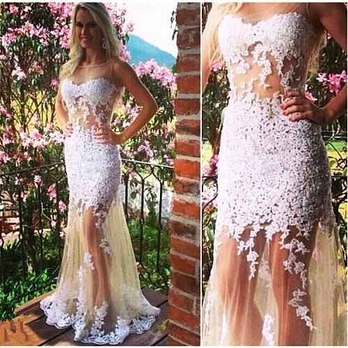 Sexy White Tulle Mermaid Evening Dresses Bateau Sleeveless Prom Gowns