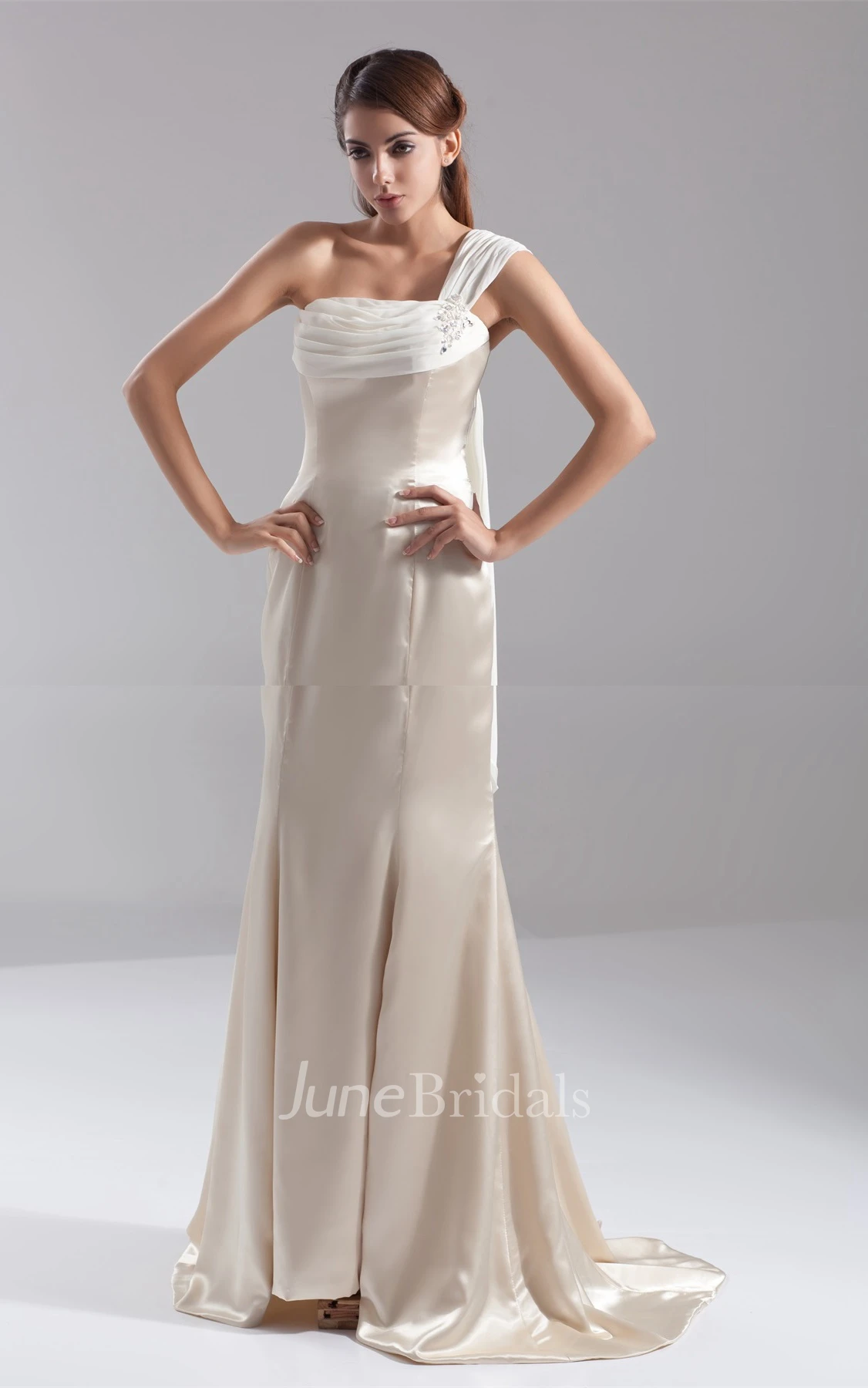 one-shoulder a-line maxi satin dress with brush train