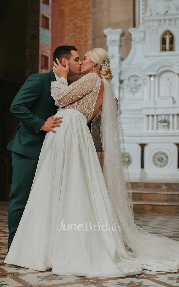 Plus Size A-Line Plunge Neckline Spring Wedding Dress Modern Long Sleeve Pearl Bridal Gown