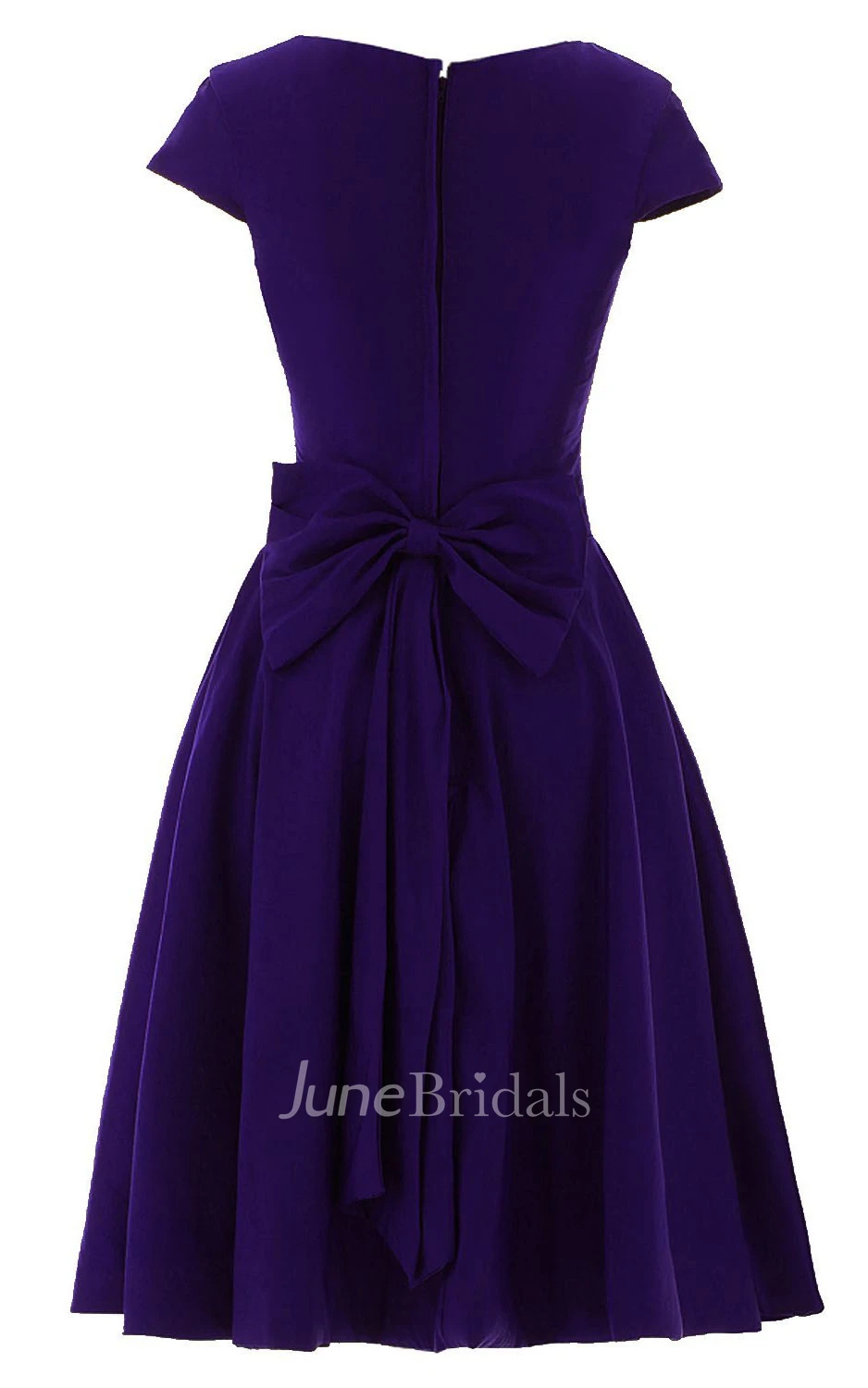 Short Sleeve Knee-length Pleated Chiffon Dress With Bowknot