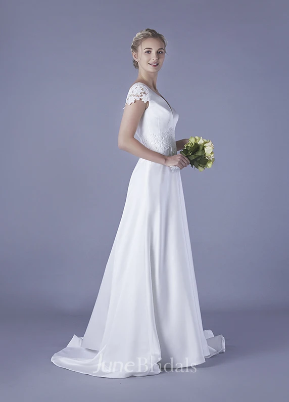 Plunging V-neck Satin Wedding Dress With Appliques And Floral Cap Sleeves