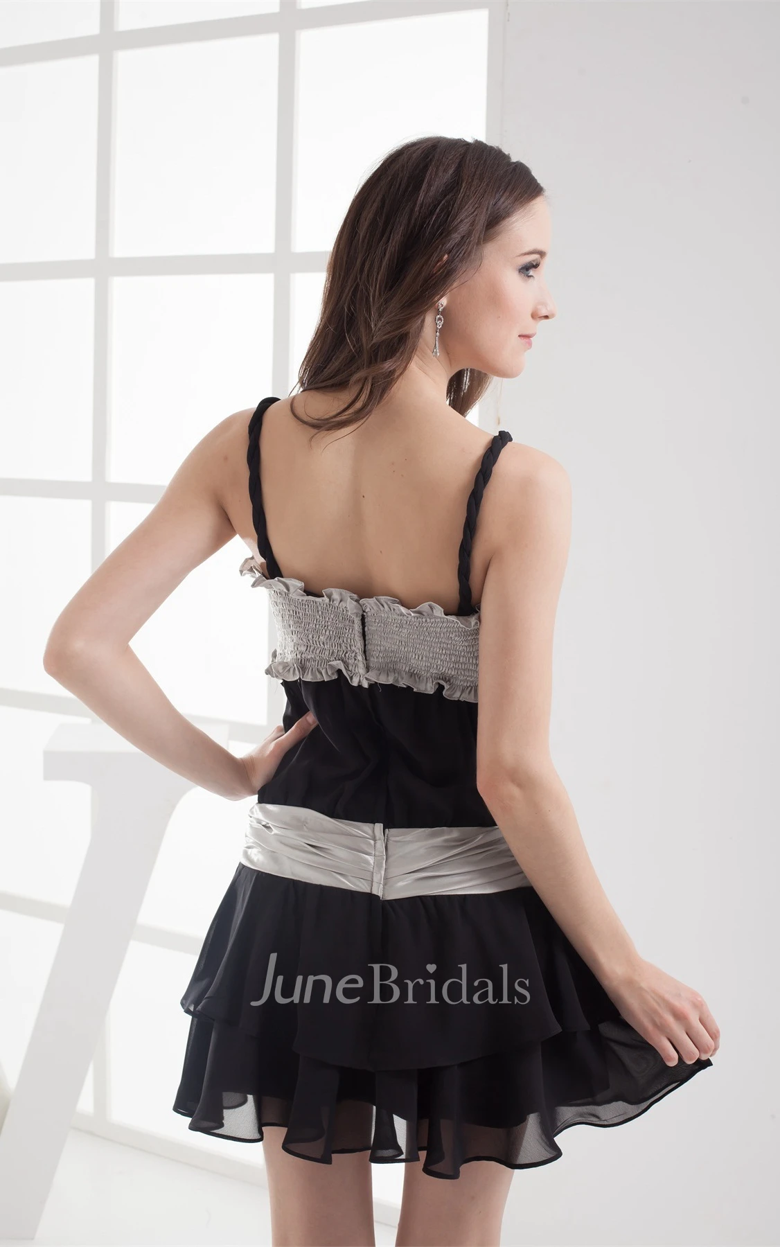 Sleeveless Spaghetti-Straps Scalloped A-Line Dress with Tulle Overlay