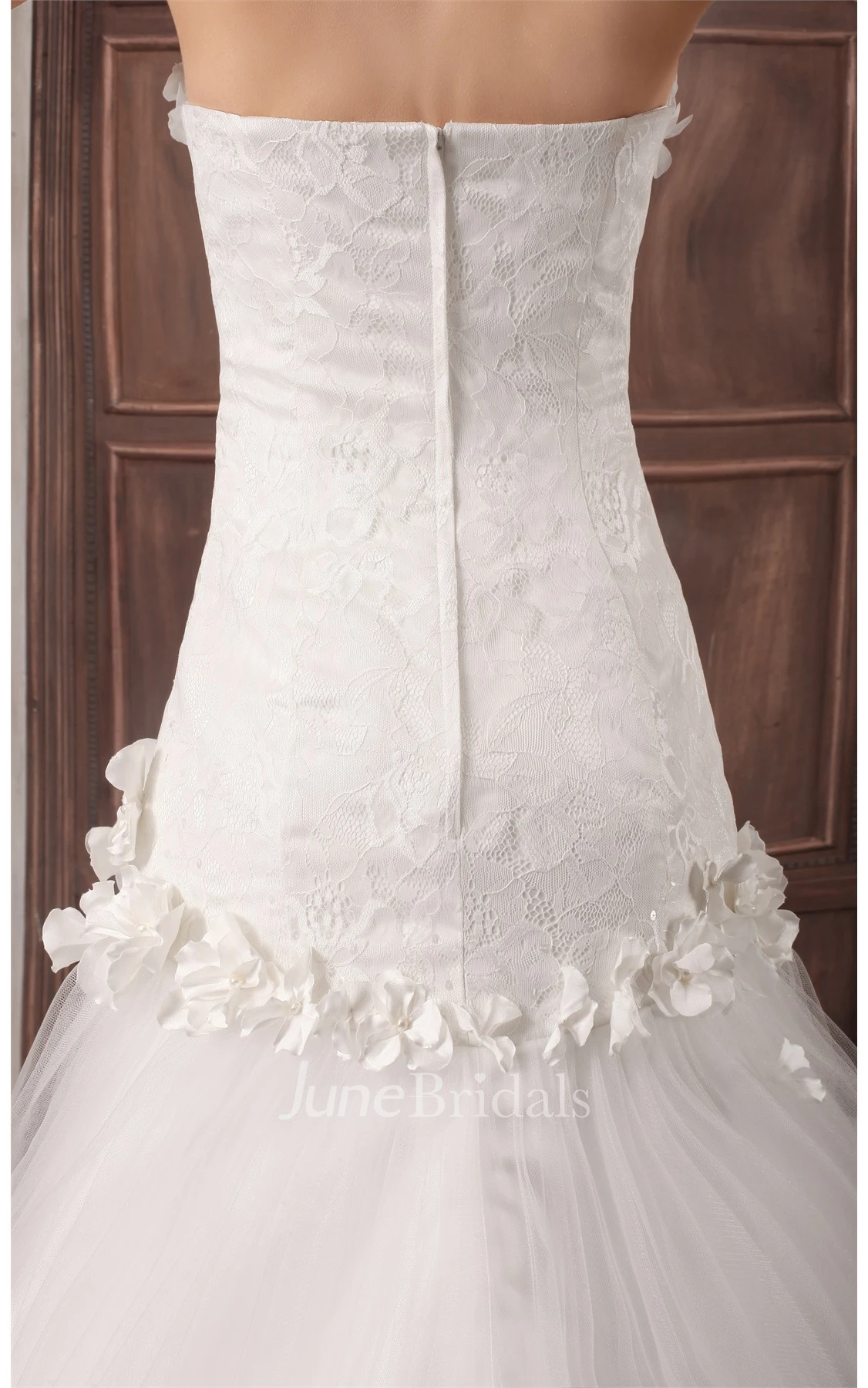 floral a-line strapless dress with tulle overlay and lace