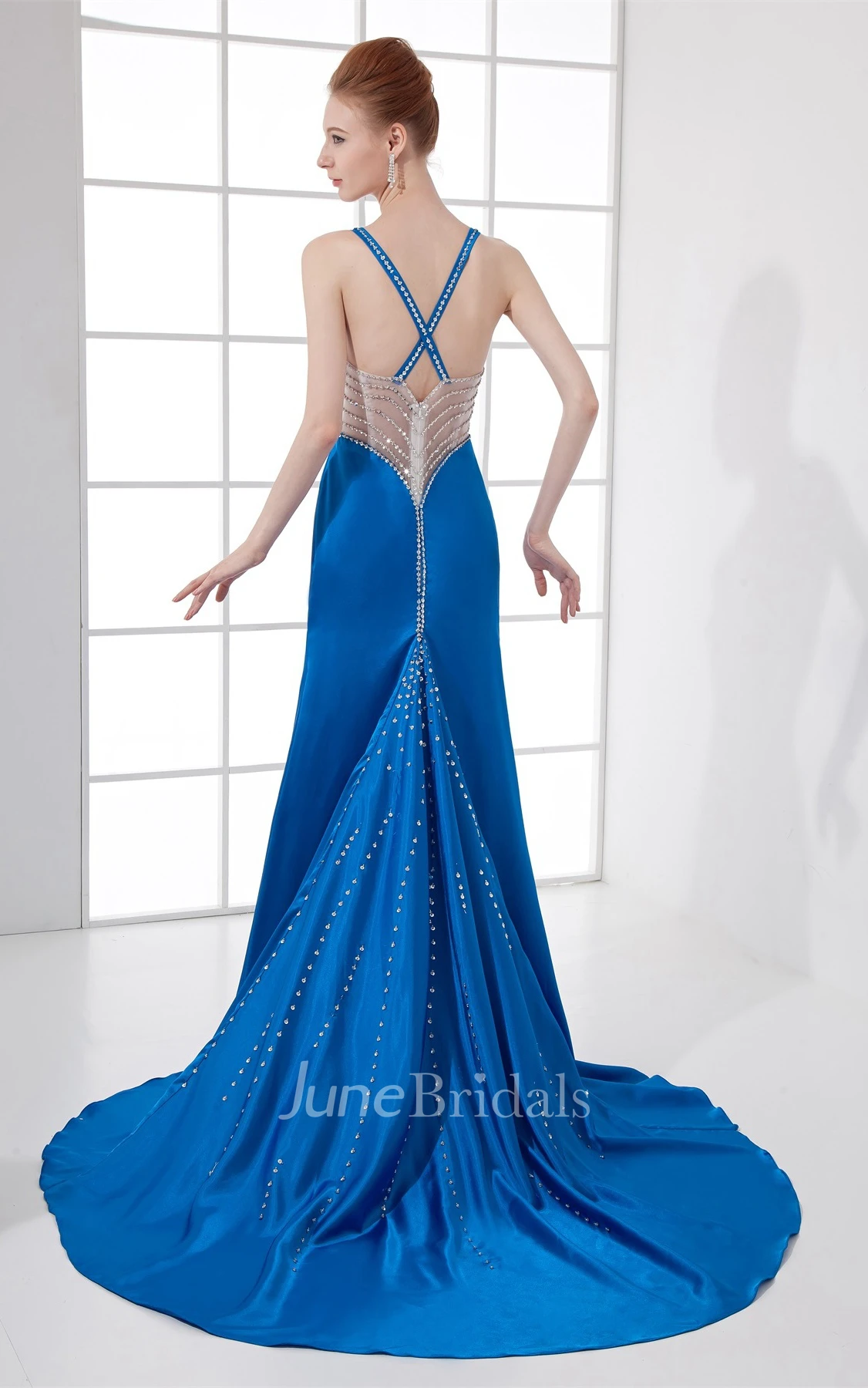 Glossy Sleeveless Maxi Dress with Beading and Illusion