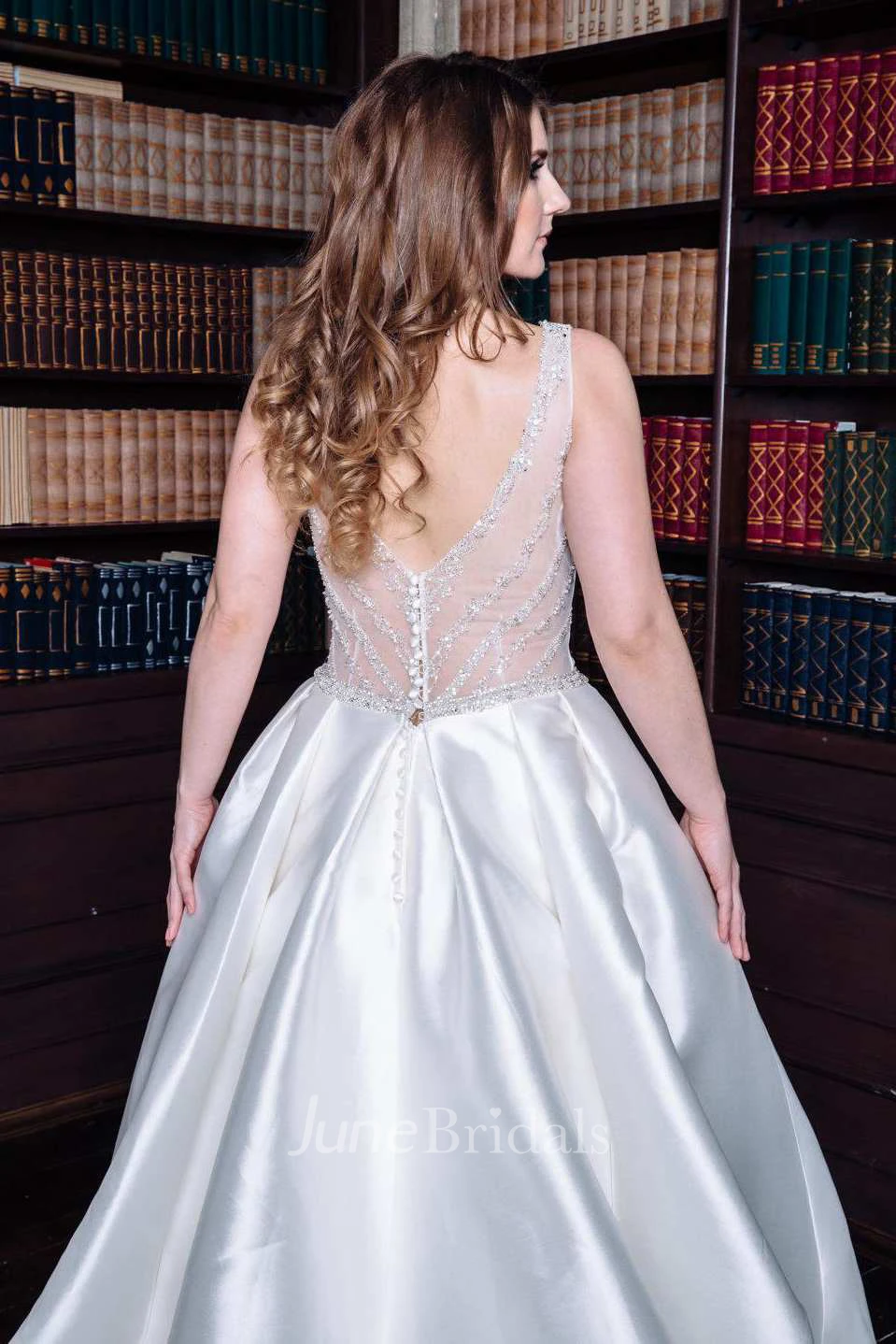 Bateau Sleeveless A-Line Satin Wedding Dress With Beading And Illusion Low-V Back