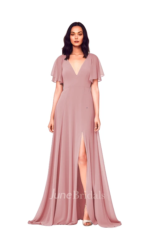 Modest A-Line V-neck Chiffon Bridesmaid Dress with Split Front