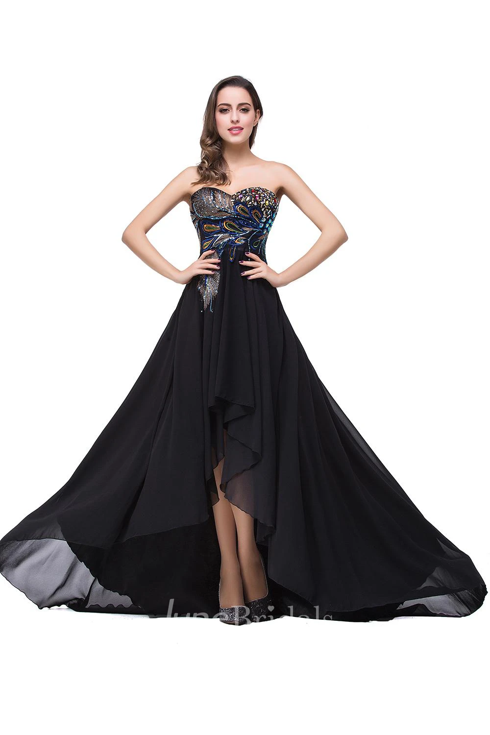 Newest Black Chiffon Peacock Prom Dress Hi-Lo Sweep Train