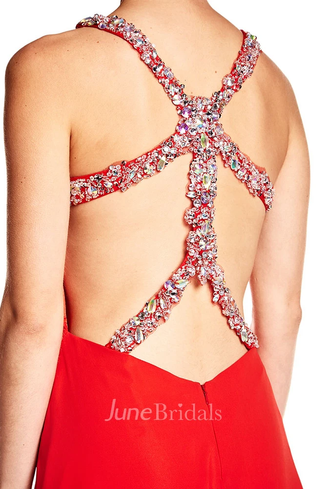 V-Neck Beaded Sleeveless Chiffon Prom Dress With Ruching And Straps