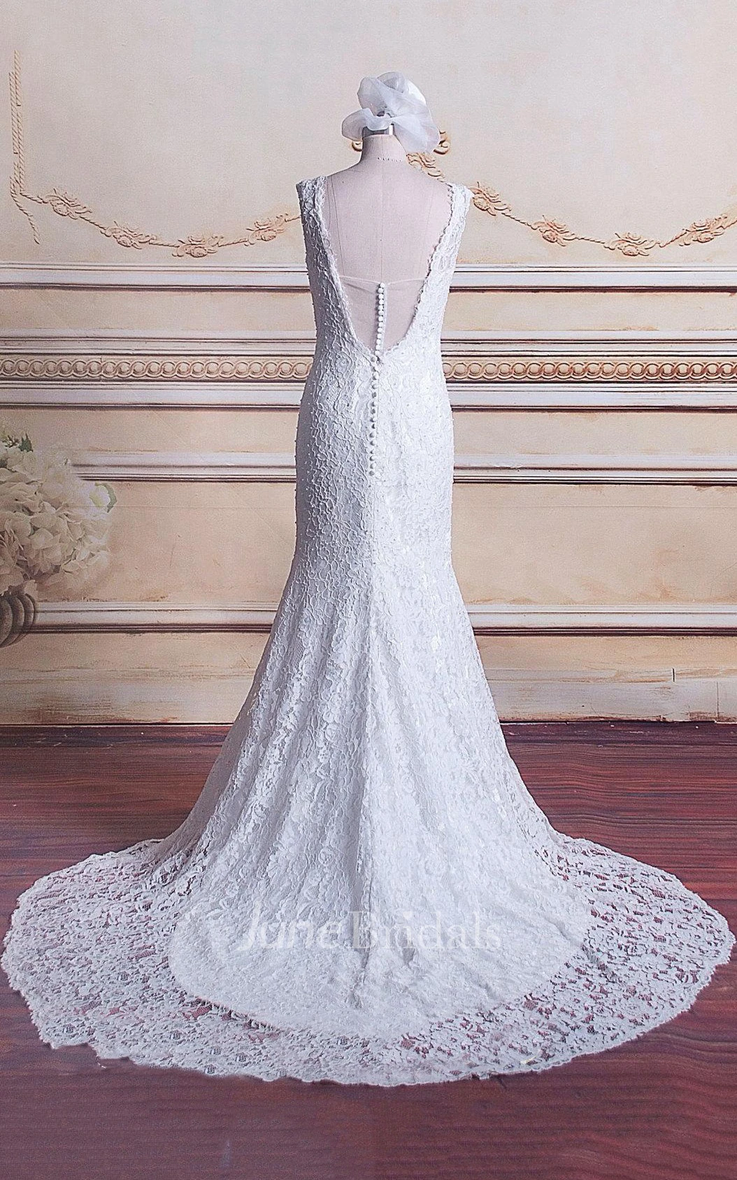 Mermaid V-Neck Lace Satin Weddig Dress With Beading