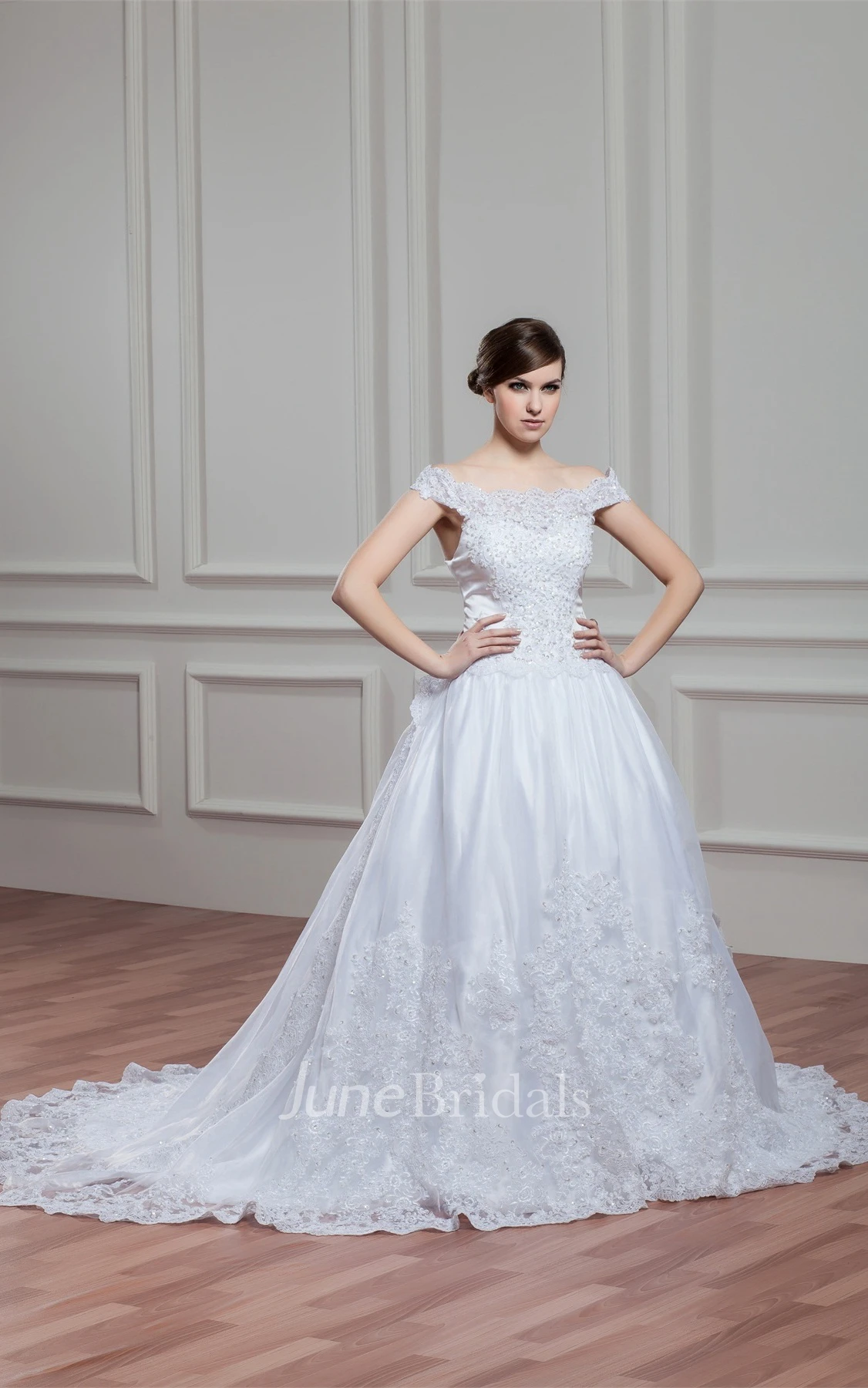 Off-The-Shoulder A-Line Appliqued Gown with Pleats