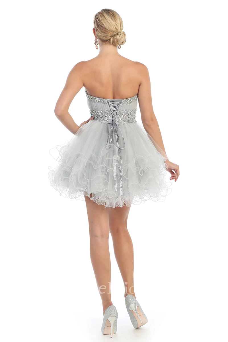 A-Line Short Strapless Tulle Lace-Up Dress With Ruffles And Waist Jewellery