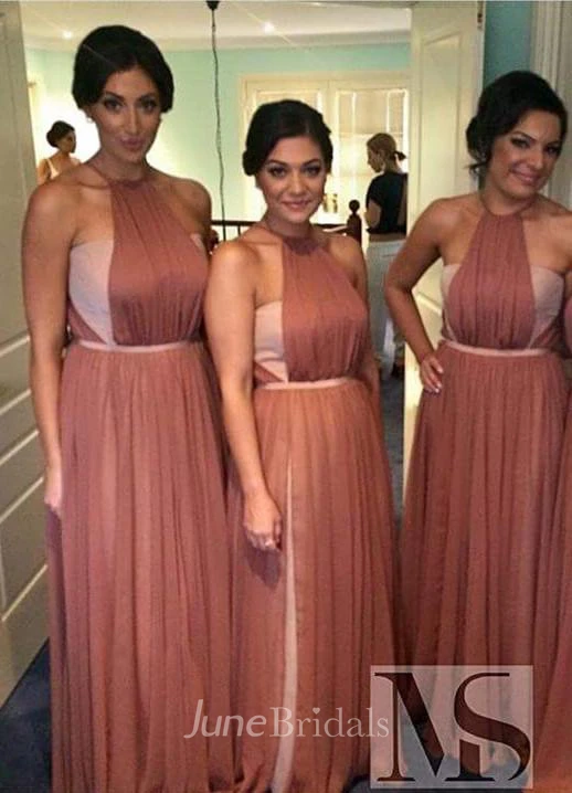 Modern A-line Halter Chiffon Bridesmaid Dress Sleeveless Floor-length