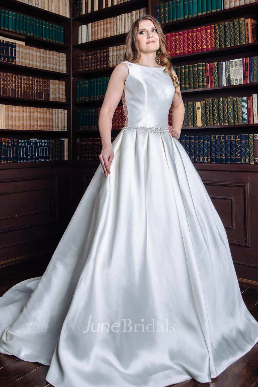 Bateau Sleeveless A-Line Satin Wedding Dress With Beading And Illusion Low-V Back