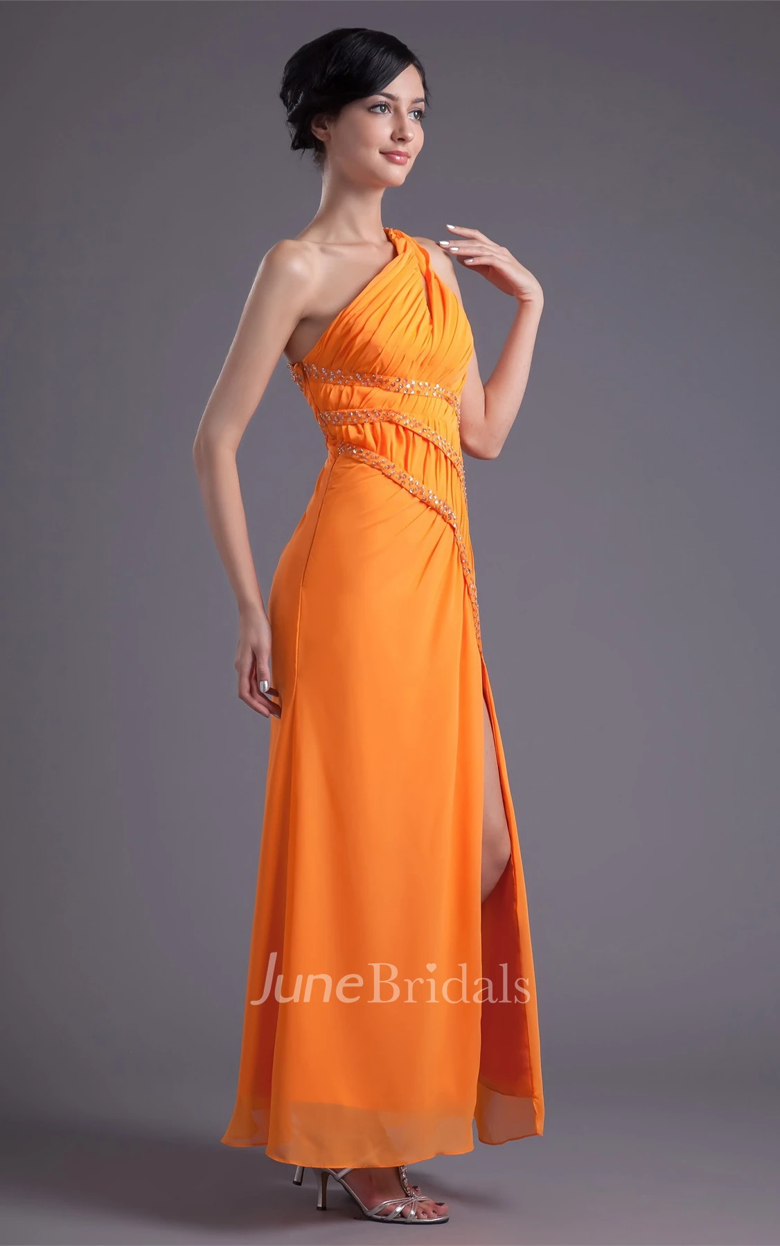 One-Shoulder Chiffon Front-Split Dress with Jewels