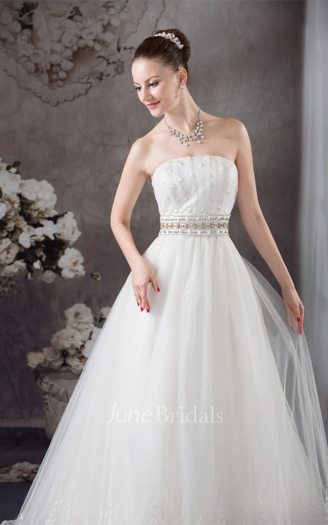 Strapless Tulle Jeweled Gown with Appliques and Corset Back