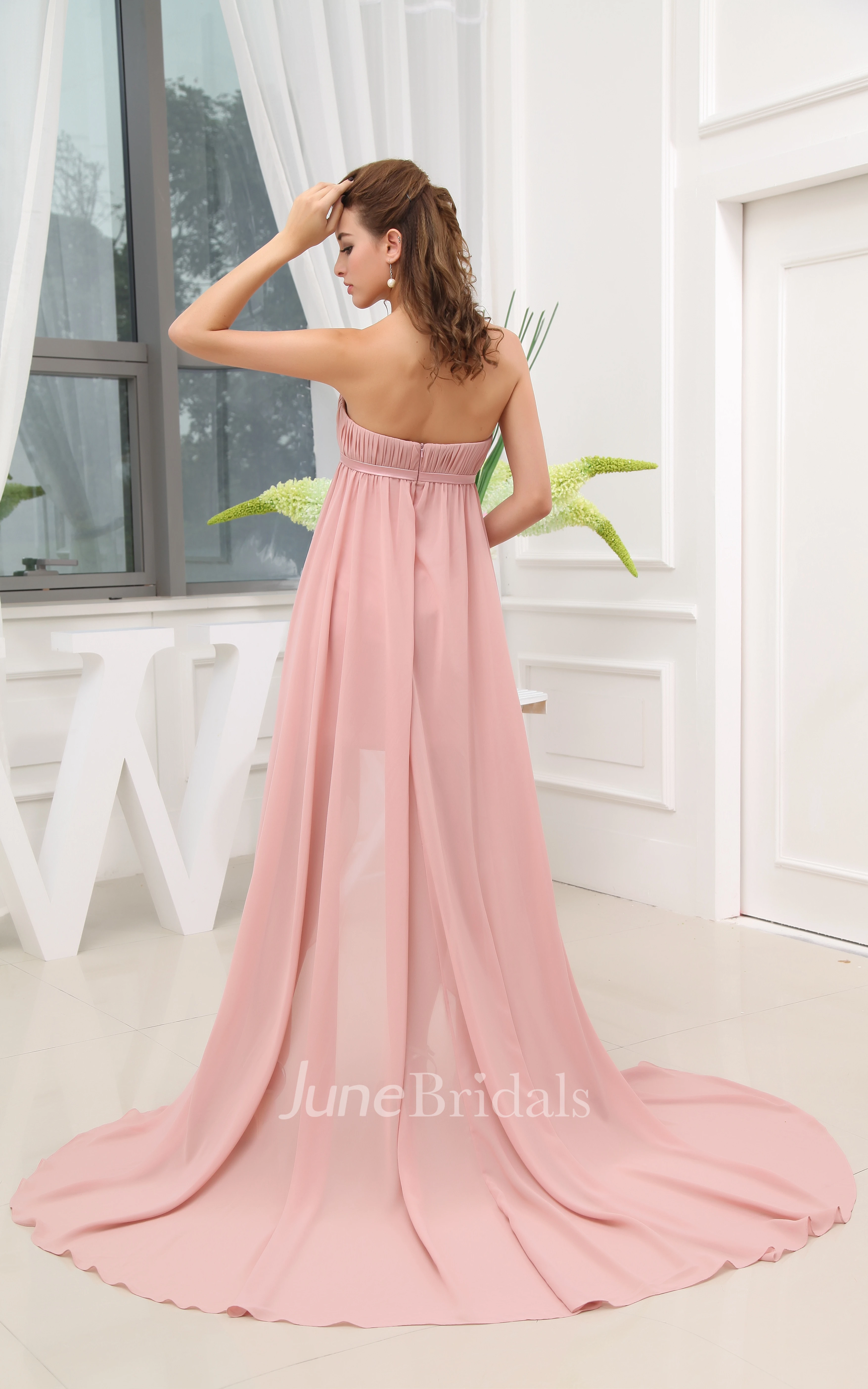 Strapless Chiffon Dress With Empire Waist and Front Slit