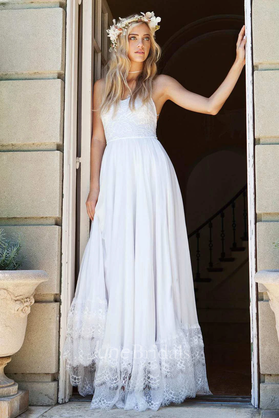 Ethereal Floor Length Chiffon Lace Wedding Dress for Summer