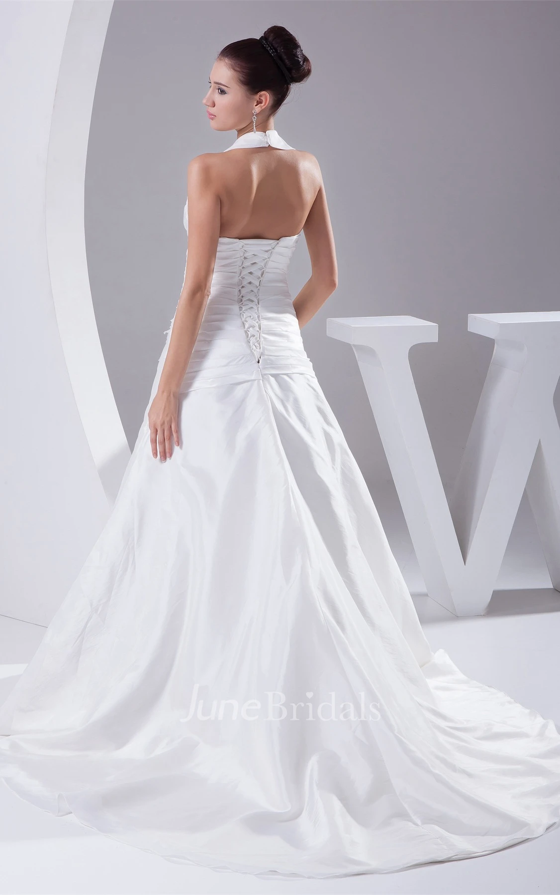 Sleeveless A-Line Ruched Gown with Flower and Suit Neckline