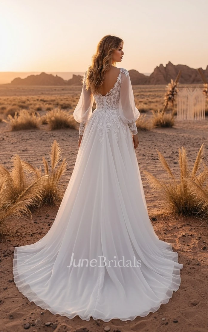 A-line Elegant Tulle Lace Winter Wedding Dress Illusion Long Sleeve Front Split Romantic Rustic Delicate Applique Beach Prom Dress