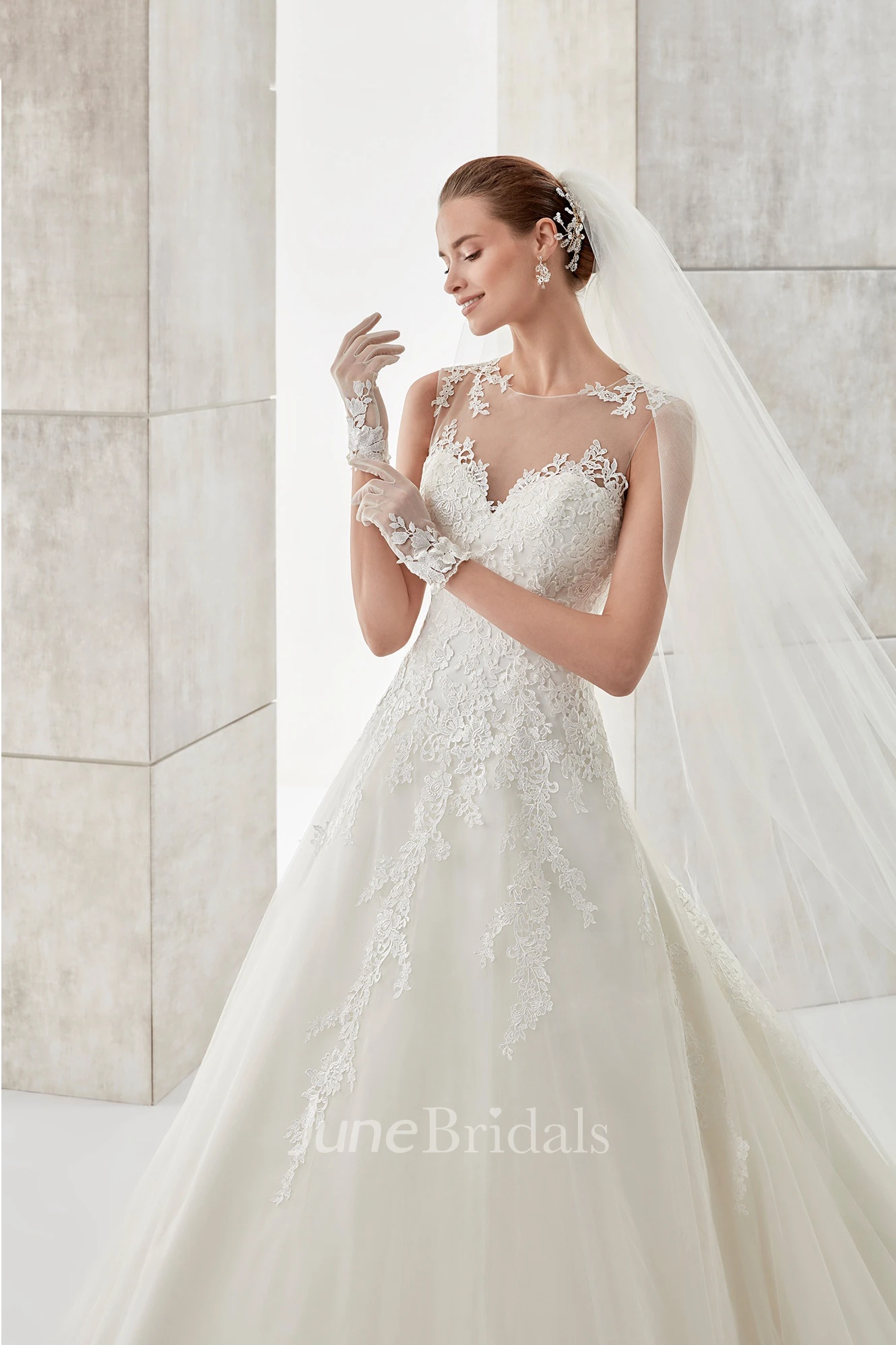 Jewel-Neck Illusive A-Line Wedding Dress With Lace Appliques And Open Back