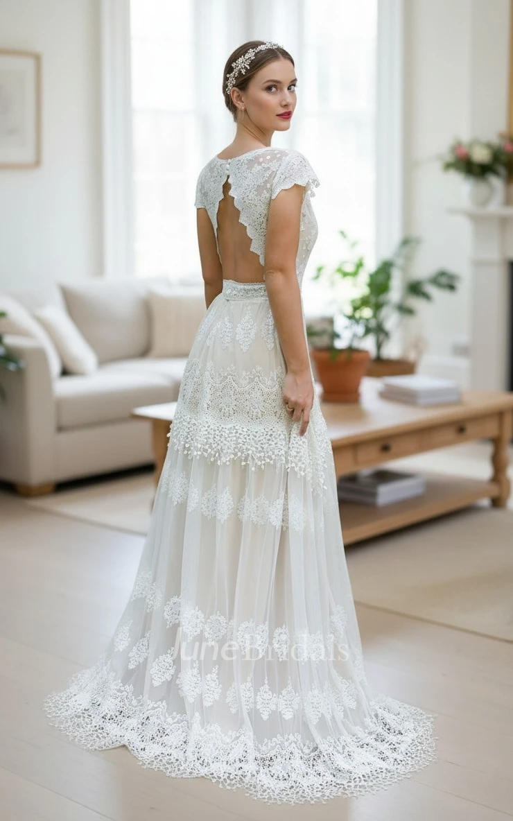 Vintage Lace Boho Beach Wedding Dress with Cap Sleeves Romantic A-Line Country Deep V Neck Bridal Gown with Open-Back