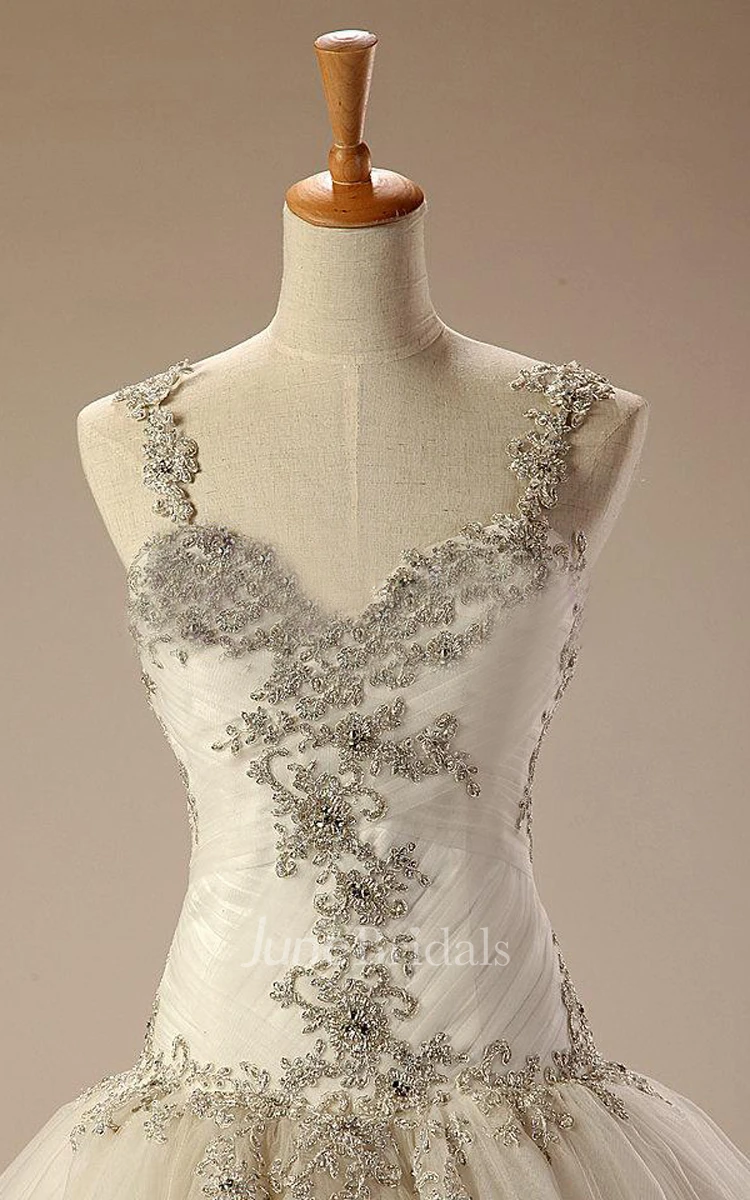 Straps Dropped Waist Long Tulle Wedding Dress With Appliques And Lace-Up Back