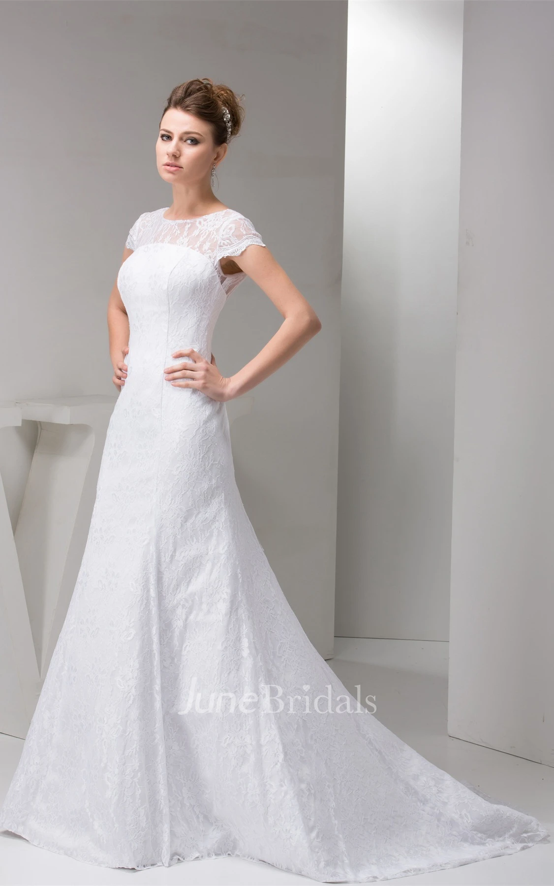 Short-Sleeve Lace Column Gown with Low-V Back