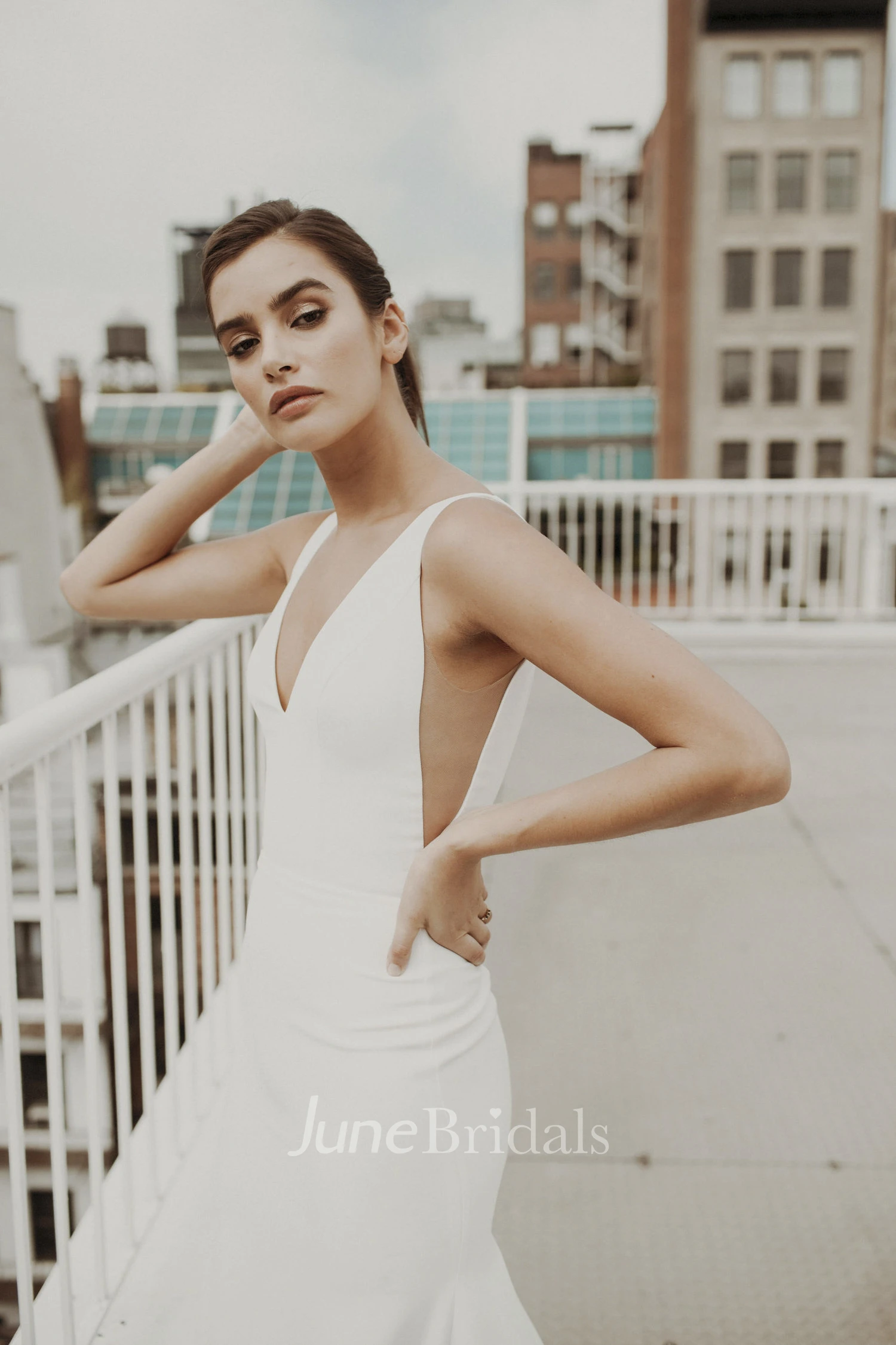 Sexy V-neck Mermaid Satin Wedding Gown With Train And Deep V-back