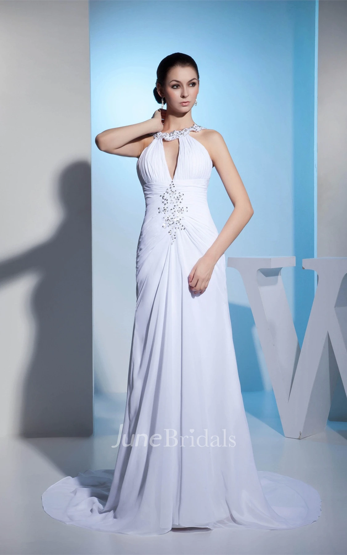 Sleeveless Ruched Sheath Dress with Beaded Neckline