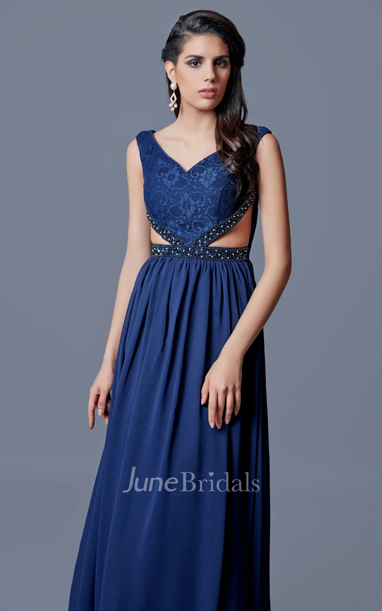 Sexy V-neck Appliqued A-line Long Chiffon Dress With Pleats