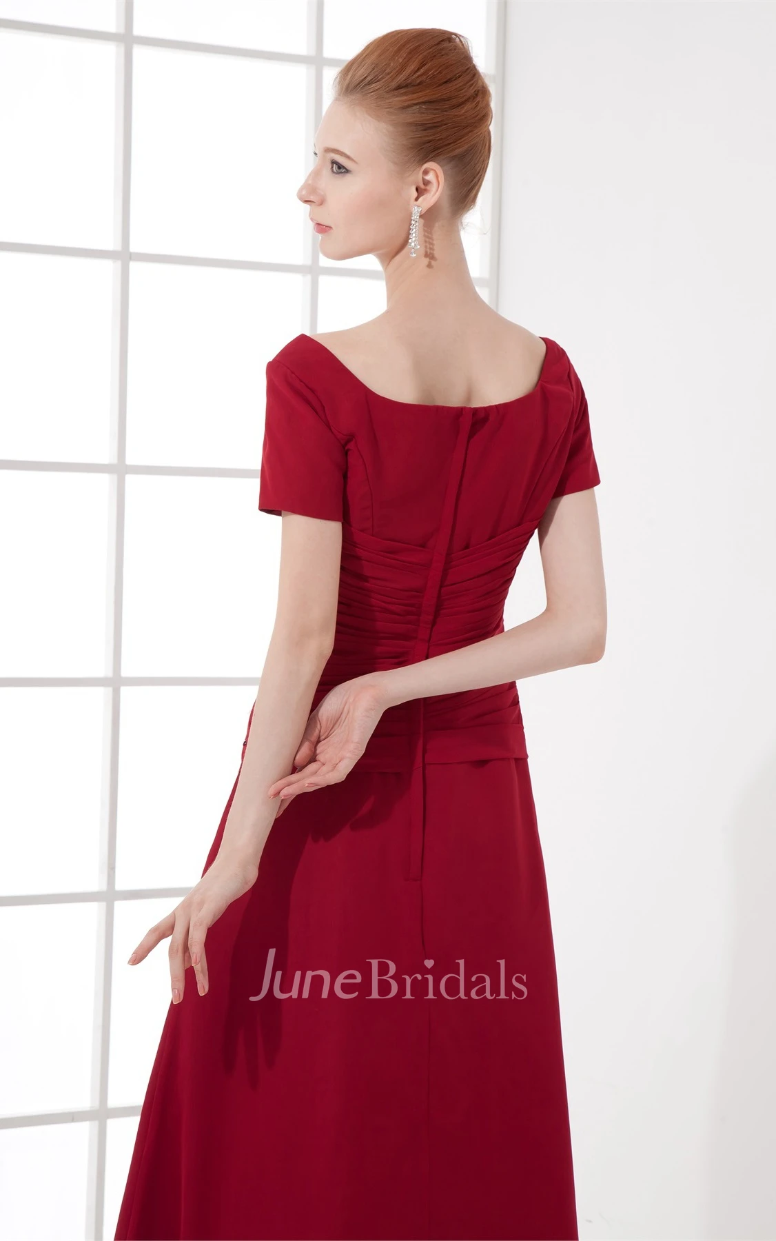 square-neck ankle-length short-sleeve dress with broach and ruching