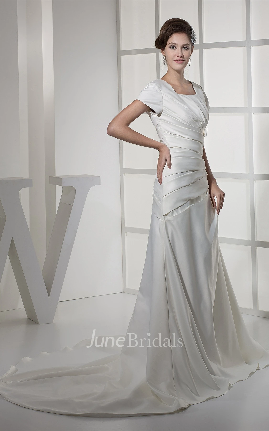 Square-Neck Caped-Sleeve A-Line Gown with Ruching and Bow