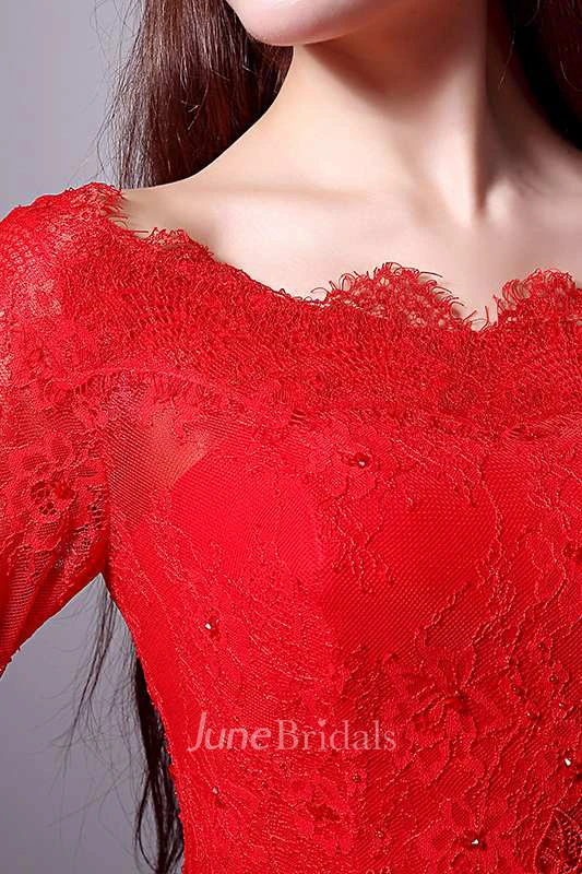 Scalloped Neck Long Lace Sleeve A-line Tulle Gown