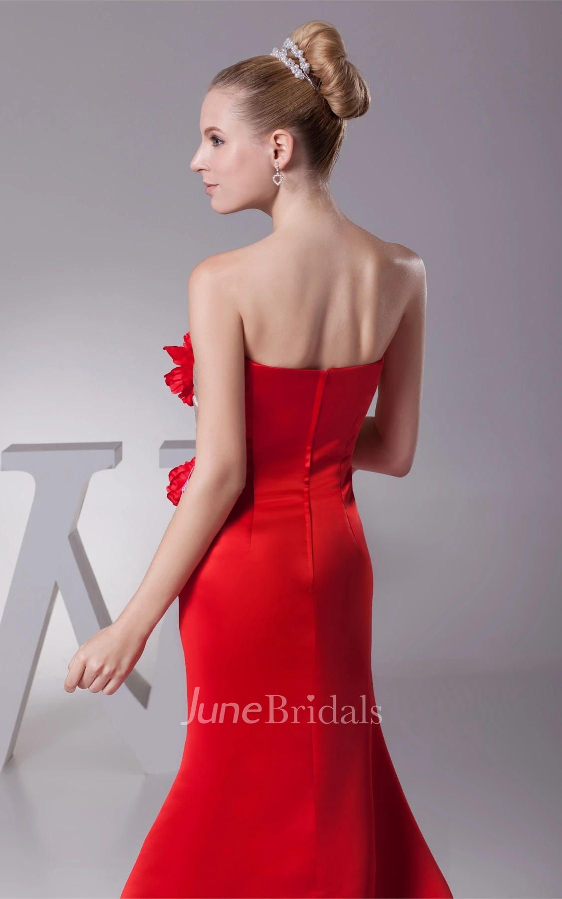 Floral Strapless Ruched Mermaid Satin Gown with Appliques