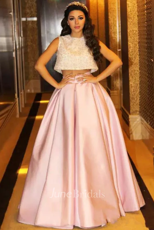 Two Piece High Neck Jewel Sleeveless Floor-length Satin Prom Dress with Pleats and Sequins