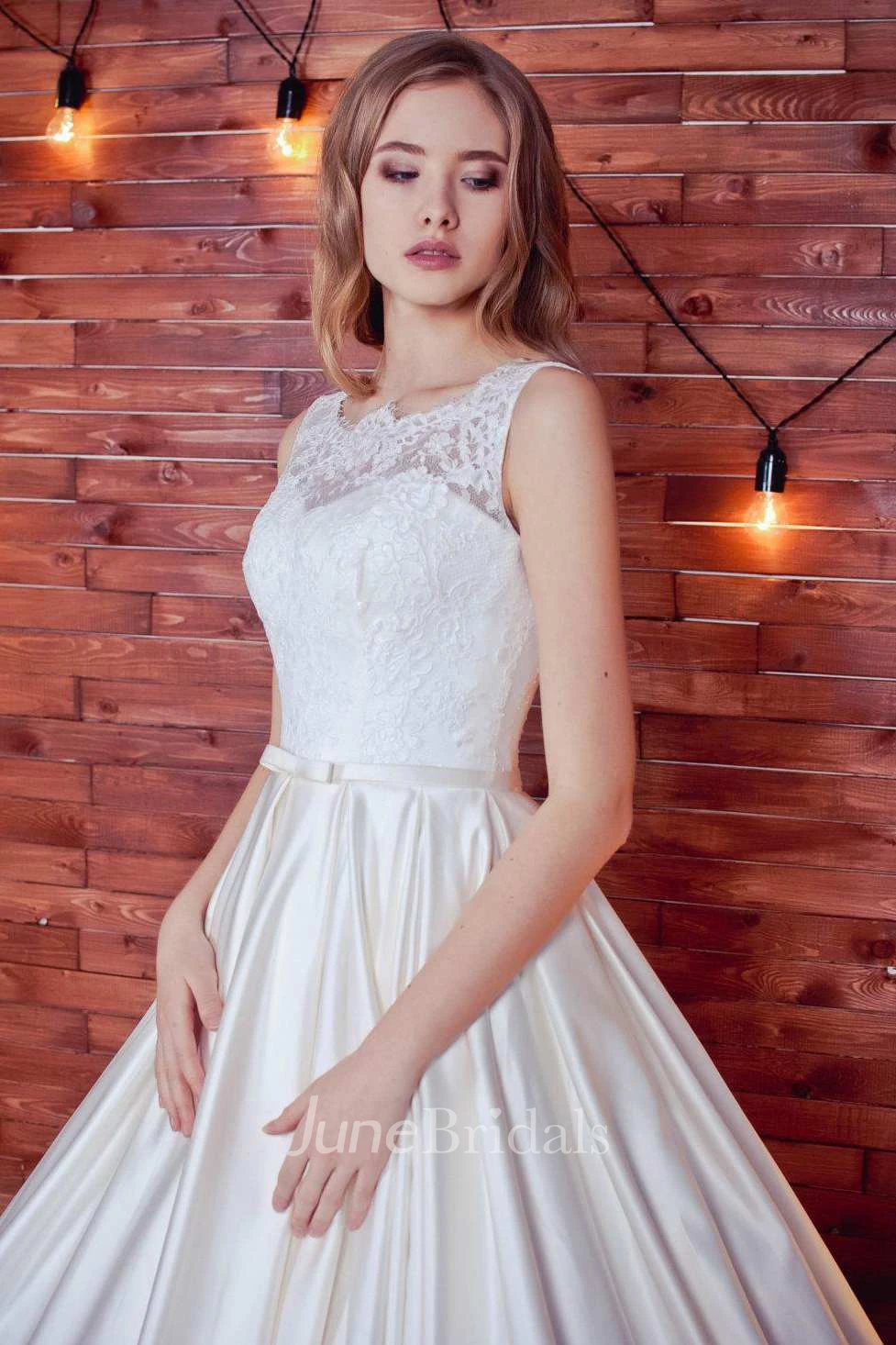 Bateau Sleeveless A-Line Satin Lace Wedding Dress With Corset Back