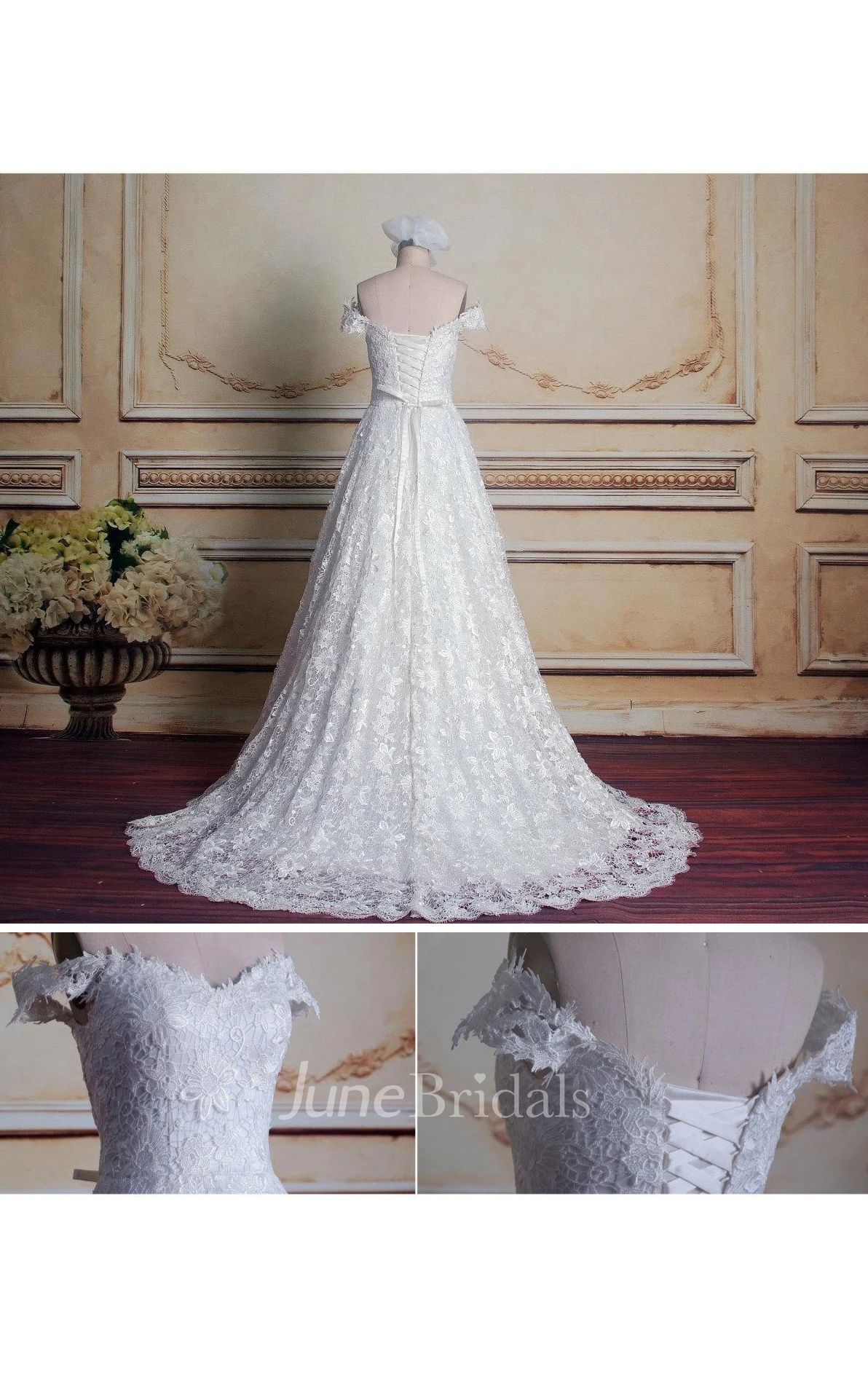 A-Line Off-The-Shoulder Tulle Lace Satin Dress With Lace-Up Back