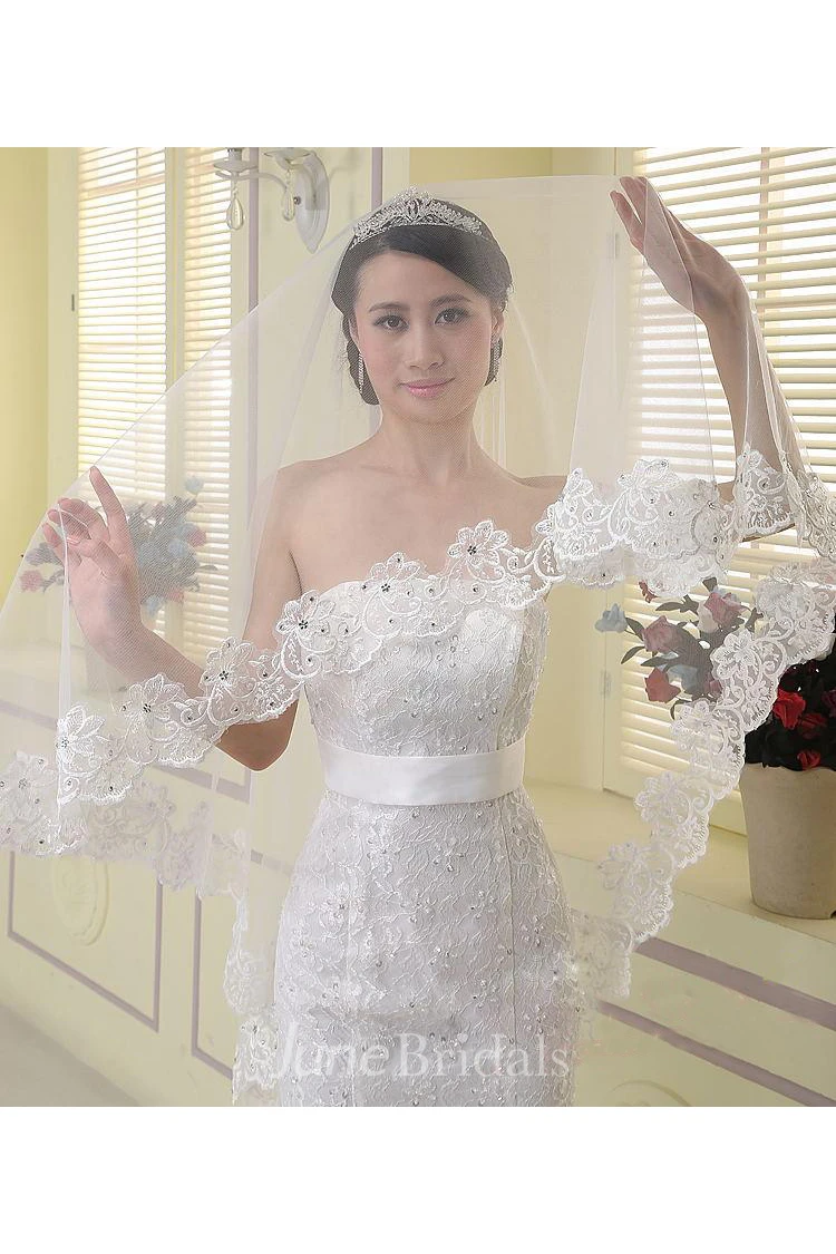 Sweep Long Tulle Wedding Veil with Lace Edge