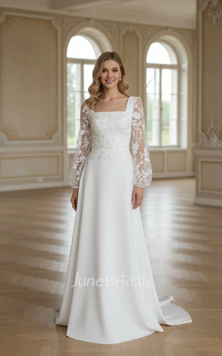 Elegant Solid Square Neck A-Line Lace Flowers Wedding Gown Vintage Floor-length Long Puff Sleeve Button Back Winter Bridal Dress with Appliques