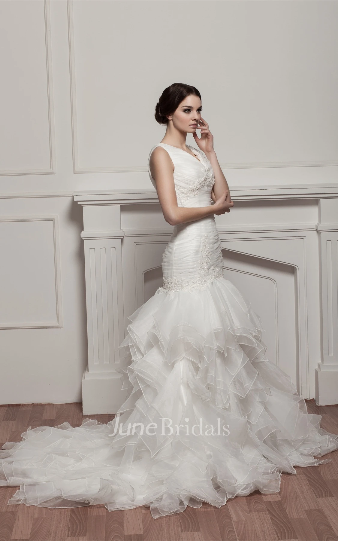 V-Neck Mermaid Ruffled Dress with Appliques and Tiers