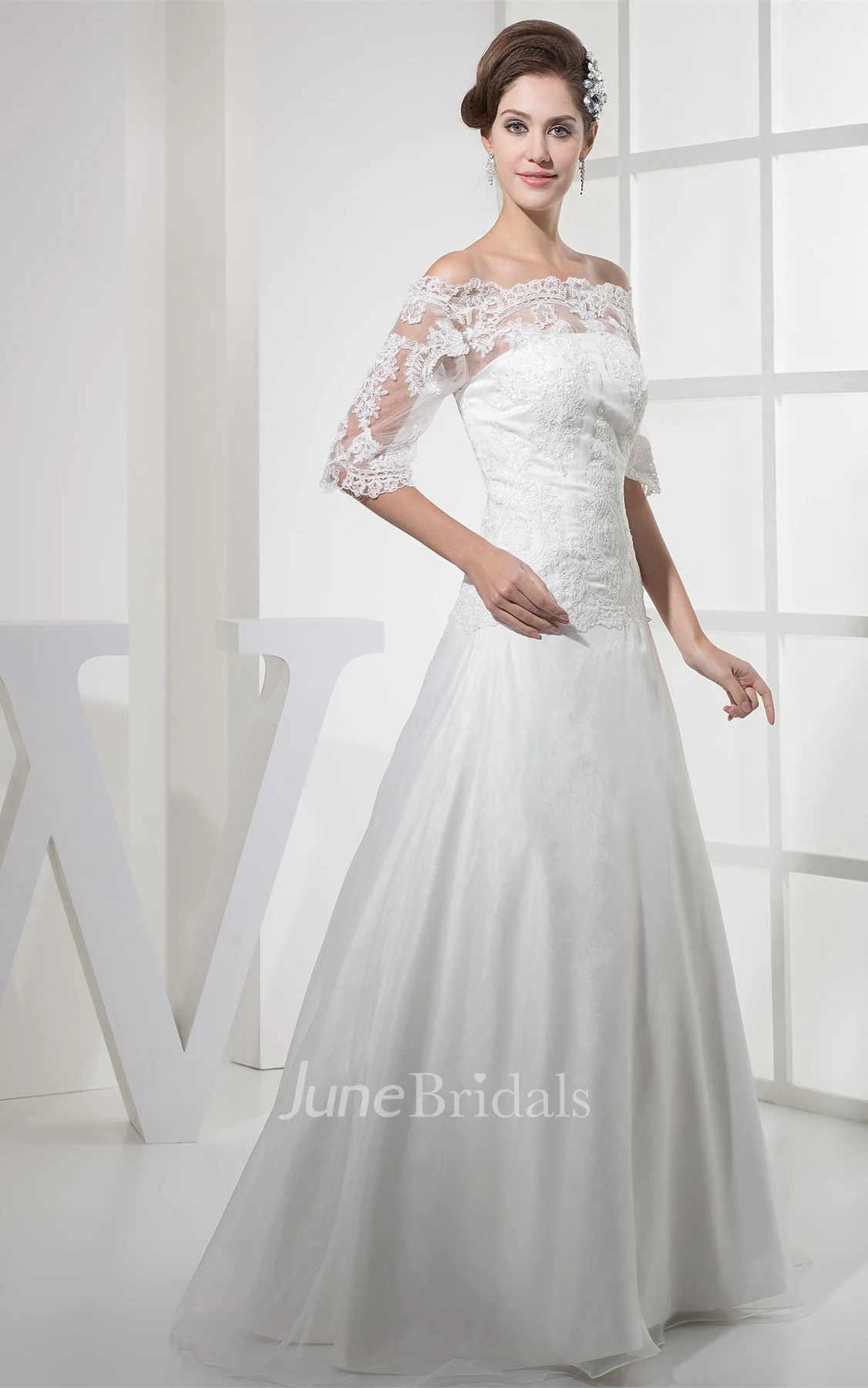 Elegant Off-The-Shoulder A-Line Gown with Appliques Illusion Neckline