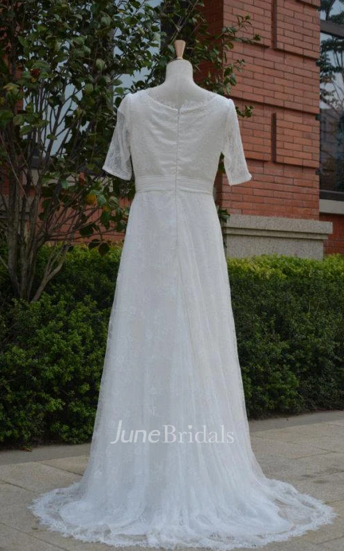 Jewel Long Tulle Wedding Dress With Ruching And Half Illusion Sleeve