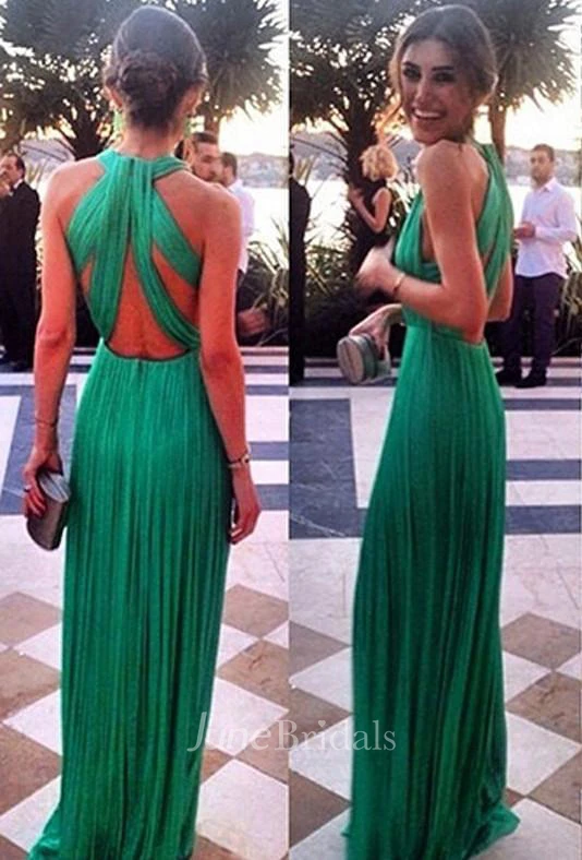 Elegant Green Long Chiffon Evening Dress Halter Cross Back